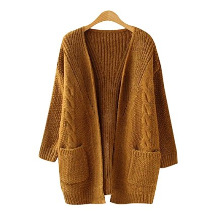 SAYM Women's Twist Pockets School Wear Sweater Loose Long Knit Cardigan