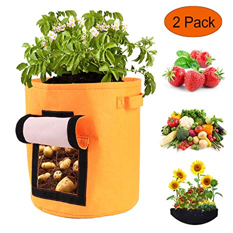 Tenceen Vegetable Grow Bag Fabric Pot - 2 Pack 46 Litres/12 Gallon Potato Planter Bags, Double Layer Breathable Felt Fabric Planting Pots with Strap Handles (Orange)