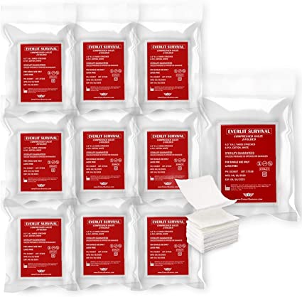 Everlit [10 Pack] Z-Folded Compressed Sterile Gauze 4.5" x 4.1 Yards, 6-Ply White Cotton, Essential First Aid and Stop The Bleed Kit Supply for Home, Medical, and Tactical Emergency Use (10)