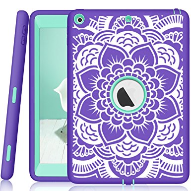 iPad 5 Case A1822/A1823 Hocase High-Impact Shock Absorbent Rubber Hard PC Bumper Dual Layer Protective Case with Mandala Flower Design and Kickstand for iPad 5th Generation 2017 - Purple / Teal