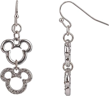 Disney Mickey Mouse Drop Earrings, Jewelry Gift Box, Silver Tone Enamel and Pave Stone Accent, 1.5"" Drop