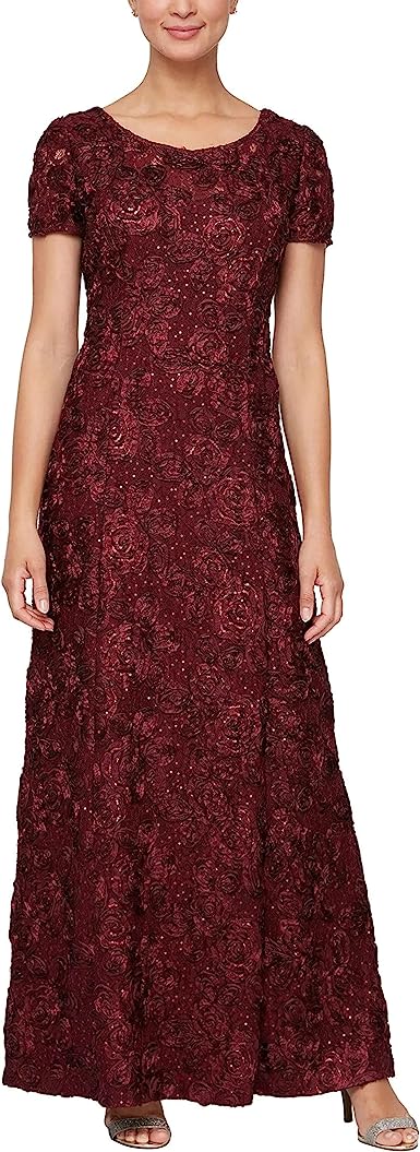 Alex Evenings Women's Long Rosette Lace Cap Sleeve Gown