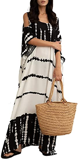 Bsubseach Women Loose Short Sleeve Swimwear Beach Caftan Dress Bathing Suit Cover Ups