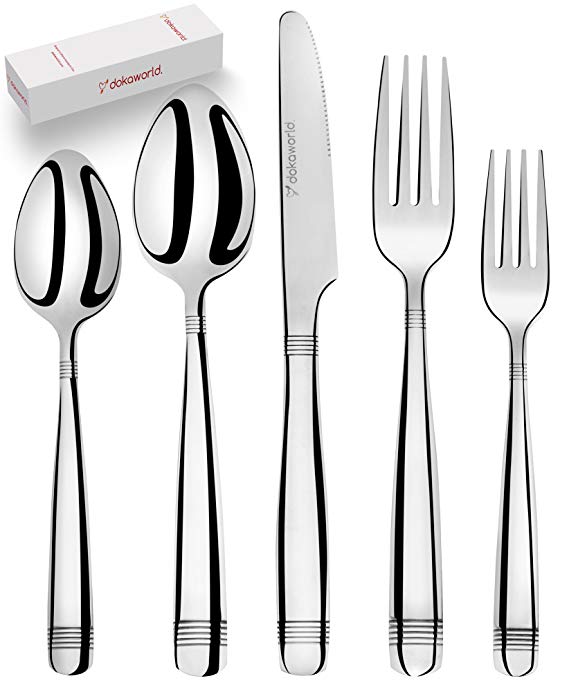 Silverware Set 18/10 Stainless Steel - Elegant Flatware Set of 40 Pieces - Eating Utensils for 8 People - Modern Cutlery Kit of Dinner Forks - Spoons Knives Dessert Forks and Spoons (A - Victoria)