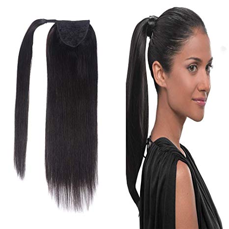 22” Human Hair Ponytail Extensions 110g #1B Natural Black 100% Remy Human Hair Wrap Around Long Ponytail Clip in Hair Extensions Straight One Piece Hairpiece (22",110g Black)