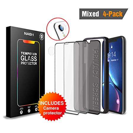 NASH Premium Screen Protector 4-Pack for iPhone XR (6.1") [Includes Privacy Screen   Camera Shield] Japanese Asahi Glass - 1x LG Privacy Screen, 2X Transparent, 1x Camera Shield, 1x Fitting Frame