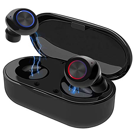 True Wireless Earbuds Bluetooth 5.0 with Charging Case,Mini HD Stereo Sound Noise Cancelling in-Ear Headphones,Touch Control IPX7 Waterproof Sports Earphone Built-in Mic for iPhone/Android(Black)