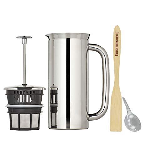 Espro Press P7, Stainless Steel French Press, Double Wall, Vacuum Insulated (3-4 cups, 18 ounce, Polished) Bundle with Handcrafted Bamboo Paddle, Coffee Scoop