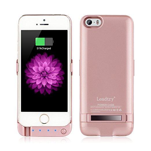 Leadtry 4200mah Iphone 5 5s 5SE Universal Slim Case Rechargeable Portable Charger Case Outdoor Moving External Battery Backup Case Cover with 4 LED Lights Built-in Pop-out Kickstand Holder (Rose)