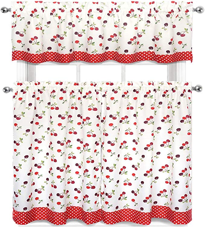 Regal Home Collections Complete 3 Pc. Kitchen Curtain Tier &, Valance Set, Cherries & Polka Dots