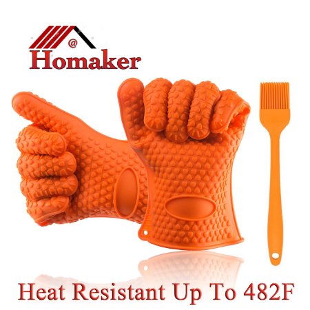 Homaker Silicone BBQ Gloves 482F Heat Resistant Oven Mitts Grill Gloves for Baking, Smoking, Potholder Bonus basting brush(SG-001-K)