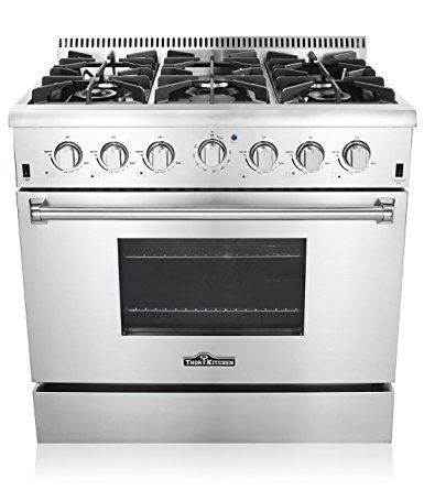Thor Kitchen 36" Freestanding Professional Style Gas Range with 5.2 Cu. Ft. Oven, 6 Burners, Convection Fan, Cast Iron Grates, & Blue Porcelain Oven Interior, In Stainless Steel