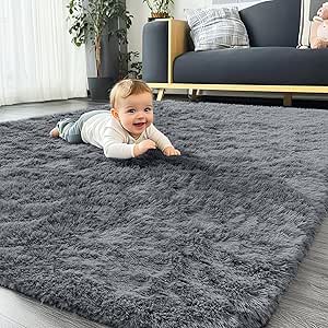 OLANLY Area Rugs for Living Room Bedroom, Machine Washable 4x5.9 Feet Soft Fluffy Shaggy Bedside Rug, Indoor Floor Carpet for Kids Girls and Boys, Dorms, Nursery Rooms, Home Decor Aesthetic, Grey