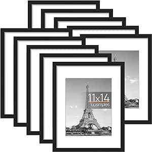 upsimples 11x14 Picture Frame Set of 10, Display Pictures 8x10 with Mat or 11x14 Without Mat, Multi Photo Frames Collage for Wall Display, Black