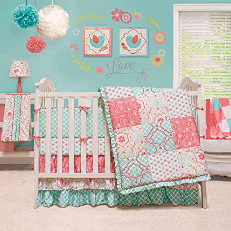 Mila Coral and Blue Floral Patchwork 4 Piece Baby Girl Crib Bedding by Peanut Shell