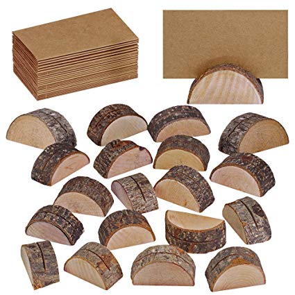 Supla 20 Pcs Rustic Wood Wedding Place Card Holders with 30 Pcs Kraft Tented Cards Half-Round Table Numbers Holder Stand Wooden Memo Holder Card Photo Picture Note Clip Holders Escort Card Holder