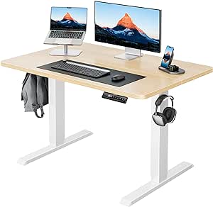 HUANUO 40" x 24" Electric Standing Desk Adjustable Height, 4 Memory Height Settings, Headphone Hook, Cable Manager, Sit Stand Up Desk for Home Office & Computer Workstation, Natural