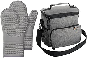 Gorilla Grip Silicone Oven Mitts Set of 2 and Lunch Bag, Kitchen Mitt Potholders in Size 12.5 Inch Long Flexible in Gray, Food Storage Tote 8 Liter Oversized Many Pockets in Light Gray, 2 Item Bundle