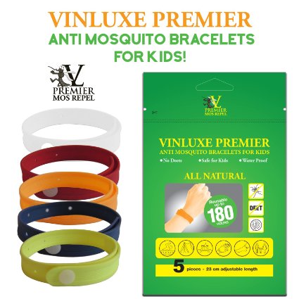 Vinluxe Premier (Now Pack of 5) All Natural Mosquito Bracelets Repellent (5 Clipon Fun Bugs Toy) - Nontoxic - Waterproof - Deet Free Bug Off Mosquito Repellent Bands