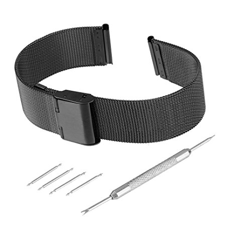 Bewish Black Stainless Steel Mesh Watch Band Replacement Strap Adjustable Hook Buckle 18mm-24mm