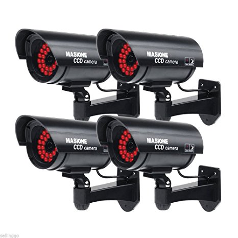 Masione® 4 Pack Outdoor Fake / Dummy Security Camera with 30 Illuminating LED Light (Black) CCTV Surveillance