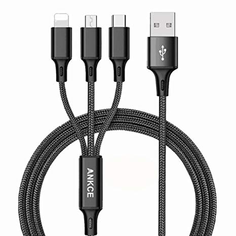 Multi USB Charging Cable,ANKCE Multiple USB Charger Cable 3 in 1 Fast Charging Cords,4ft/1.2m Nylon Braided,USB to Type C/Micro/Lightning Plug Connectors for All Device Port Android,Apple,iPhone