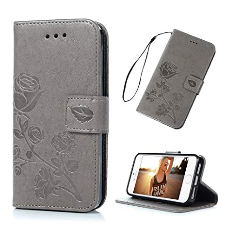 iPhone 5 Case, iPhone 5S, iPhone SE Case, Gray Rose Flower Magnetic Premium Embossed PU Leather Flip Wallet Case TPU Inner Wrist Strap Card Slots Protective Cover iPhone 5 5S SE