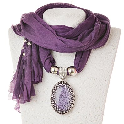 Scarf Necklace, SUMAJU Shawl Necklace Scarves Pendant Purple Oval Resin Fabric Hollowed Flower Little Rhinestone