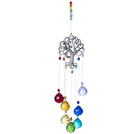 H&D Crystal Suncatcher Chakra Colors Ball Prism Tree of Life Window Hanging Ornament Rainbow Suncatcher