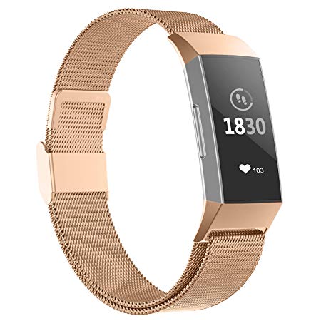 iGK Compatible for Fitbit Charge 3 Bands,Replacement Wristbands for Charge 3 SE Fitness Activity Tracker, Metal Stainless Steel Bracelet Strap with Unique Magnet Lock for Women Men