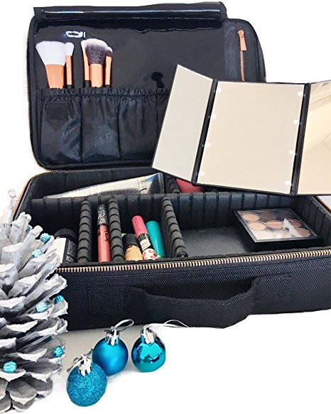 CatwalkFX Professional Makeup Train Case,  Travel Organiser with EVA Adjustable Dividers, Cosmetic Makeup Bags for Women - Black with Exclusive Removable LED Light Up Travel Mirror with Stand - Small