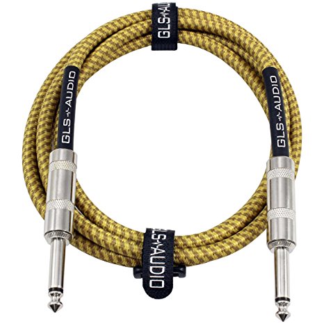 GLS Audio 10 Foot Guitar Instrument Cable - 1/4 Inch TS to 1/4 Inch TS 10-FT Brown Yellow Tweed Cloth Jacket - 10 Feet Pro Cord 10' Phono 6.3mm - SINGLE