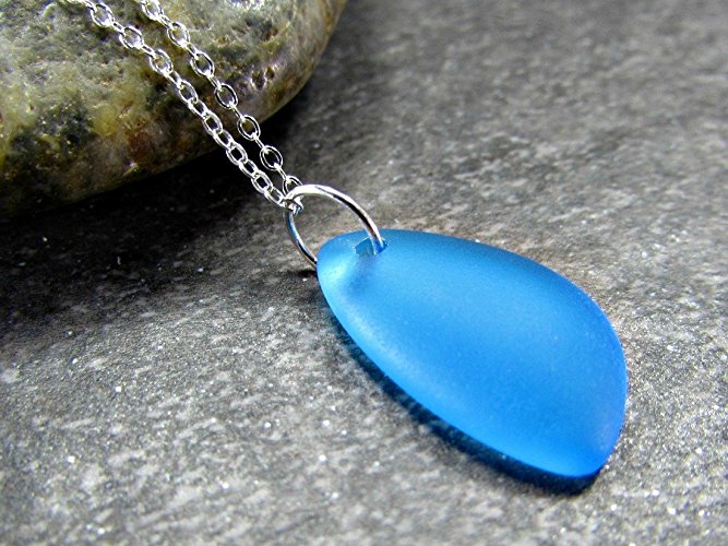 Teal Blue Sea Glass Drop Pendant and Long Sterling Silver Chain Necklace / Beach Glass Jewelry