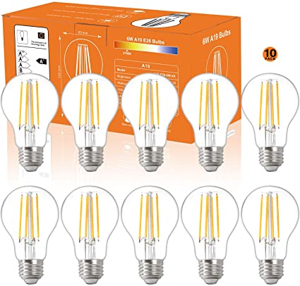 10Pack A19 LED Edison Bulbs, 810LM,6W Equivalent 100W High Brightness,Warm White 2700K,A19 Efficient Soft White 2700K 60W Equivalent LED Ligh E26 Medium Base, Non Dimmable, Clear Glass, Pack of 10