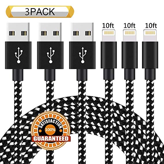iPhone Charger,Suanna MFi Certified Lightning Cable 3 Pack 10FT Extra Long Nylon Braided USB Charging & Syncing Cord Compatible iPhone Xs/Max/XR/X/8/8Plus/7/7Plus/6S/6S Plus/SE/iPad/Nan - Black White