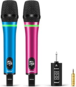 Bietrun Rechargeable Wireless Microphone, Dual Metal Cordless Handheld Dynamic Wireless Mics with Bluetooth, UHF 240FT Range, for 1/4'',1/8''Output,PA system,Dj,Mixer,Church(Blue＆Pink)