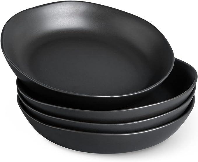 AmorArc 9.75 inch Stoneware Flat Pasta Bowls, 38oz Large Wide Bowls Set of 4 for Kitchen, Microwave Safe Bowls with Wavy Rim for Pasta Salad, Matte Black