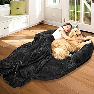 Human Dog Bed for Adult People, Large Gaint Shared Bed Foldable Adjustable Flufelbed Standard Cloud Bed with Memory Foam,Fluffy Faux Fur Orthopedic Nap Dog Bean Bag Sleeping Bed with Black Blanket