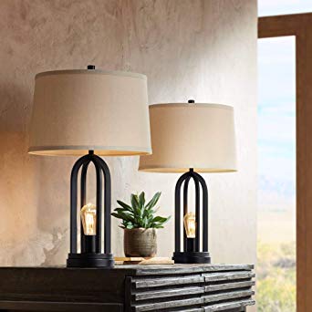 Marcel Modern Industrial Table Lamps Set of 2 with Nightlight LED USB Port Black Linen Shade for Living Room Bedroom - 360 Lighting