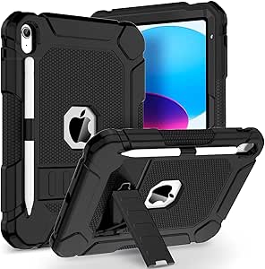 BMOUO Case for iPad 10th Generation 10.9 inch 2022, iPad 10th Generation Case with Kickstand & Pencil Holder, Heavy Duty Shockproof Rugged Protective iPad 10th Gen Case, Black