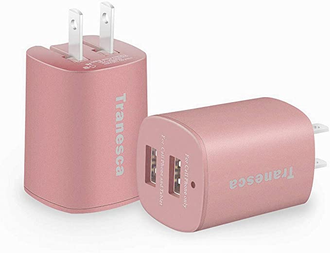 Tranesca Dual USB Wall Chargers Compatible with New iPhone SE,iPhone Xs/Xs Max,iPhone XR/8/7/6S/6S Plus/6 Plus/6, Samsung Galaxy S7/S6/S5 Edge, LG, HTC, Moto, Kindle and More-2 Pack (Rose Gold)