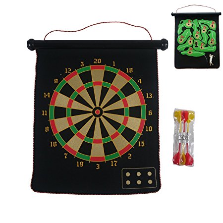 Ukayed Magnetic Reversible Dartboard & Golf Dart Game 6 Darts Roll Up Easy To Store & Play & Safe Traditional Dart Board One Side & Golfing Round Game On Other Side Easy to Hang