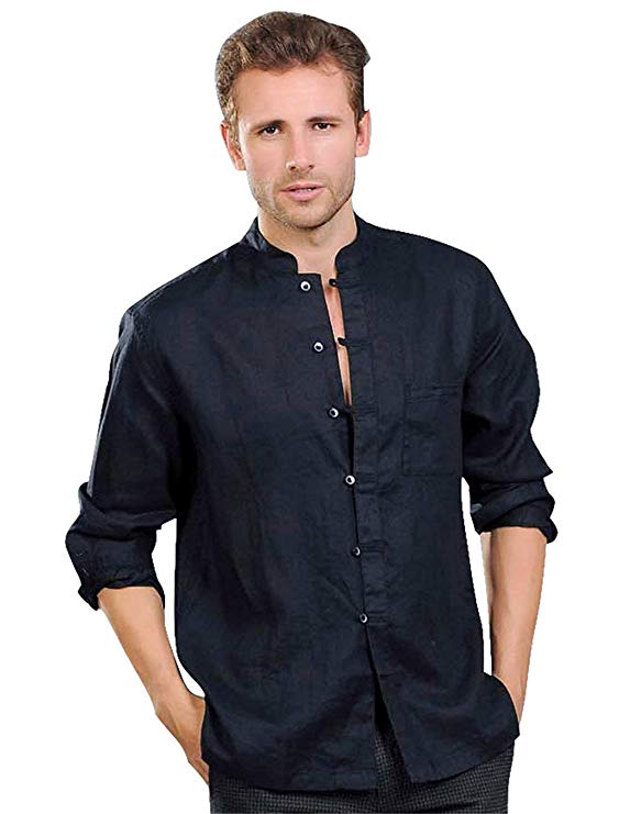 utcoco Men's Linen Mandarin Collar Roll-Up Sleeves Casual Buttoned Shirt