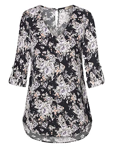 Timeson Women's Casual V-Neck Blouse Top 3/4 Sleeve Chiffon Floral Shirt