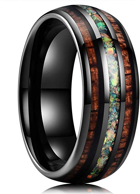 King Will Nature 8mm Tungsten Carbide Wedding Ring Inlaid with Real Wood & Colorful Fragments/Multicolor Opal Engagement Band