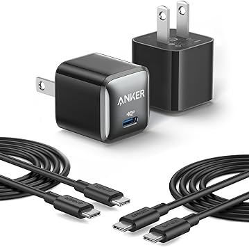 Anker Nano Charger, 2-Pack 20W Compact Fast Charger with PowerIQ Technology, for iPhone 15/15 Plus / 15 Pro / 15 Pro Max, Galaxy, Pixel 4/3, iPad, and More (2 USB-C Cables Included)