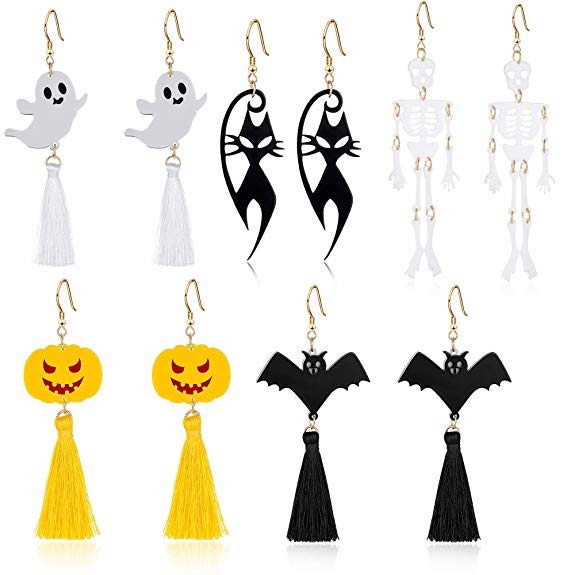Miraculous Garden Halloween Theme 5 Pairs Drop Dangle Earrings Sets Including Halloween Spider Web Pumpkin Ghost Bat Boo Halloween Earrings for Women Girls