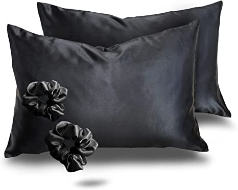 Alexandra's Secret Satin Bed Zippered Pillowcase with Scrunchies for Hair and Skin Pack of 2 Gift Set Luxury Soft and Cooling Sleep Silky Pillow Cases with Zipper (King, Black)
