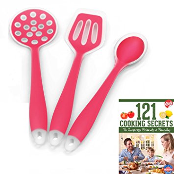 Silicone Cooking Utensils Starter Set, Set of 3, Red, Turner Spoon Spatula Plus Cooking Secrets Ebook