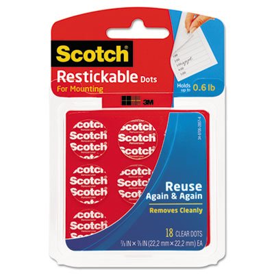 Restickable Mounting Tabs, 7/8 x 7/8, Clear, 18/Pack, Sold as 18 Each